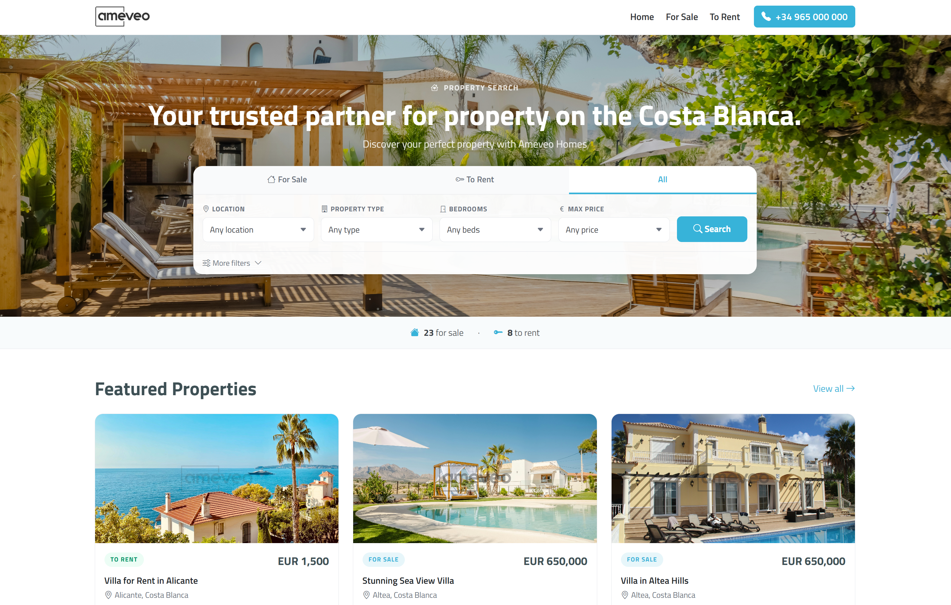 Ameveo Homes — branded property portal for estate agencies in Costa Blanca, Spain